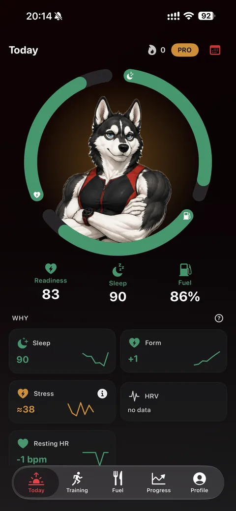 The Today screen: a readiness ring reading 83, tiles for sleep, sleep quality and fuel, and the drivers behind the score.