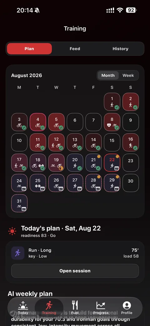 The Training screen: a month calendar of planned sessions, and today's plan — a long run, 75 minutes, load 58.